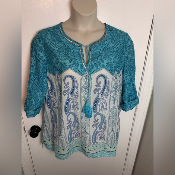 Chicos Faraway Land Embellished Blue Tunic XL 16 #1626 - Picture 4 of 11